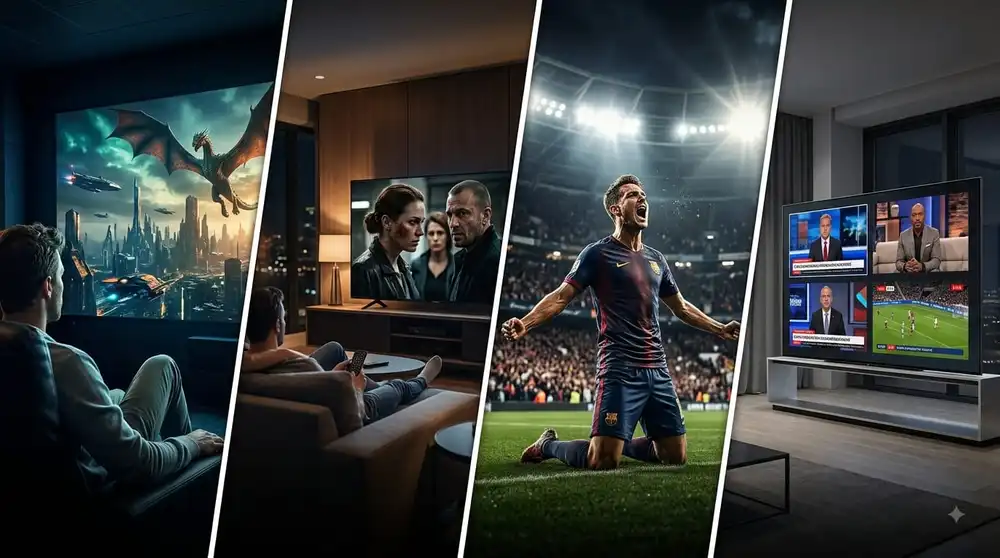A collage of popular movies and sports representing a diverse streaming library