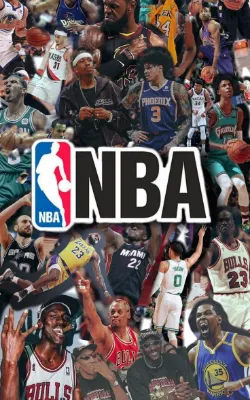 A dynamic collage of famous NBA basketball players in action